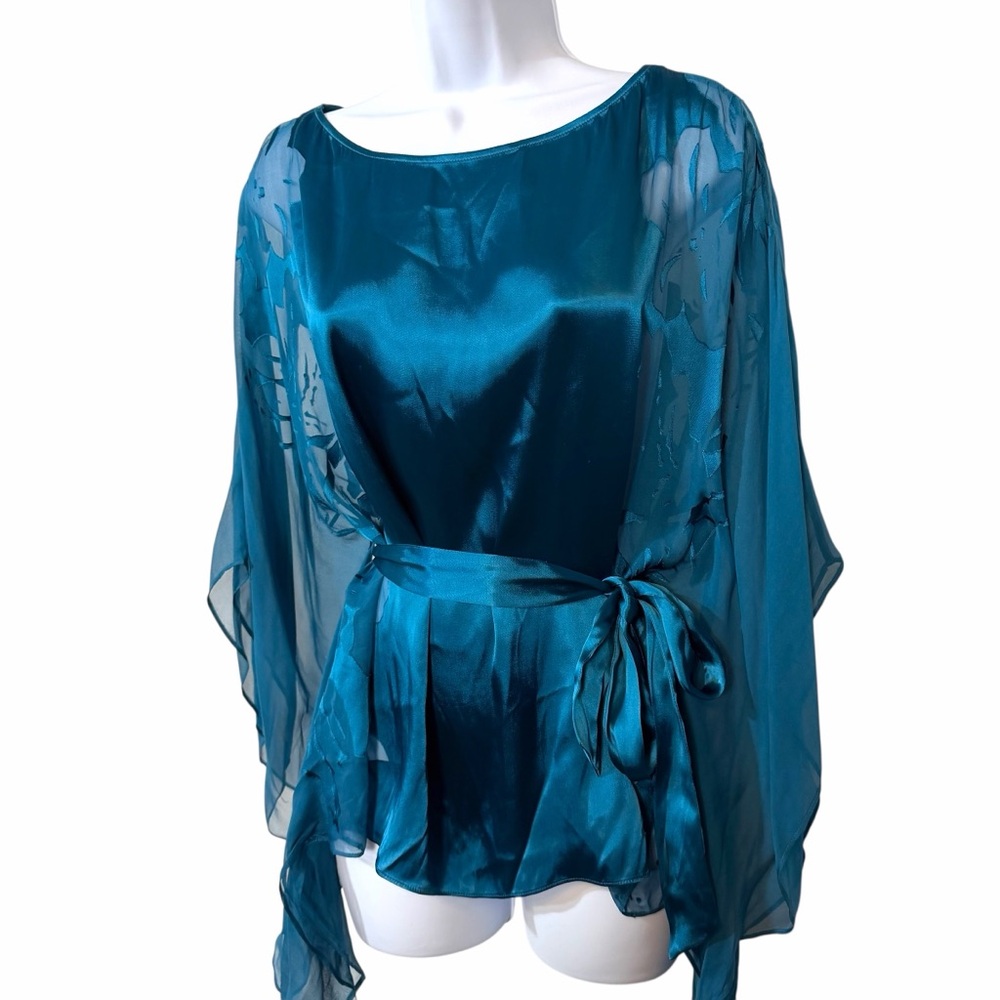 Vintage Cache Flutter Sleeves Teal Silk Blend Sheer Blouse with Tie Waist - Picture 2 of 11